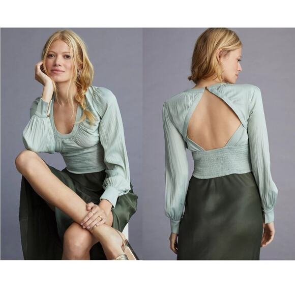 Anthropologie Tops - Anthropologie Blouson-Sleeve Blouse Button Back Open Back Style Blue Size M